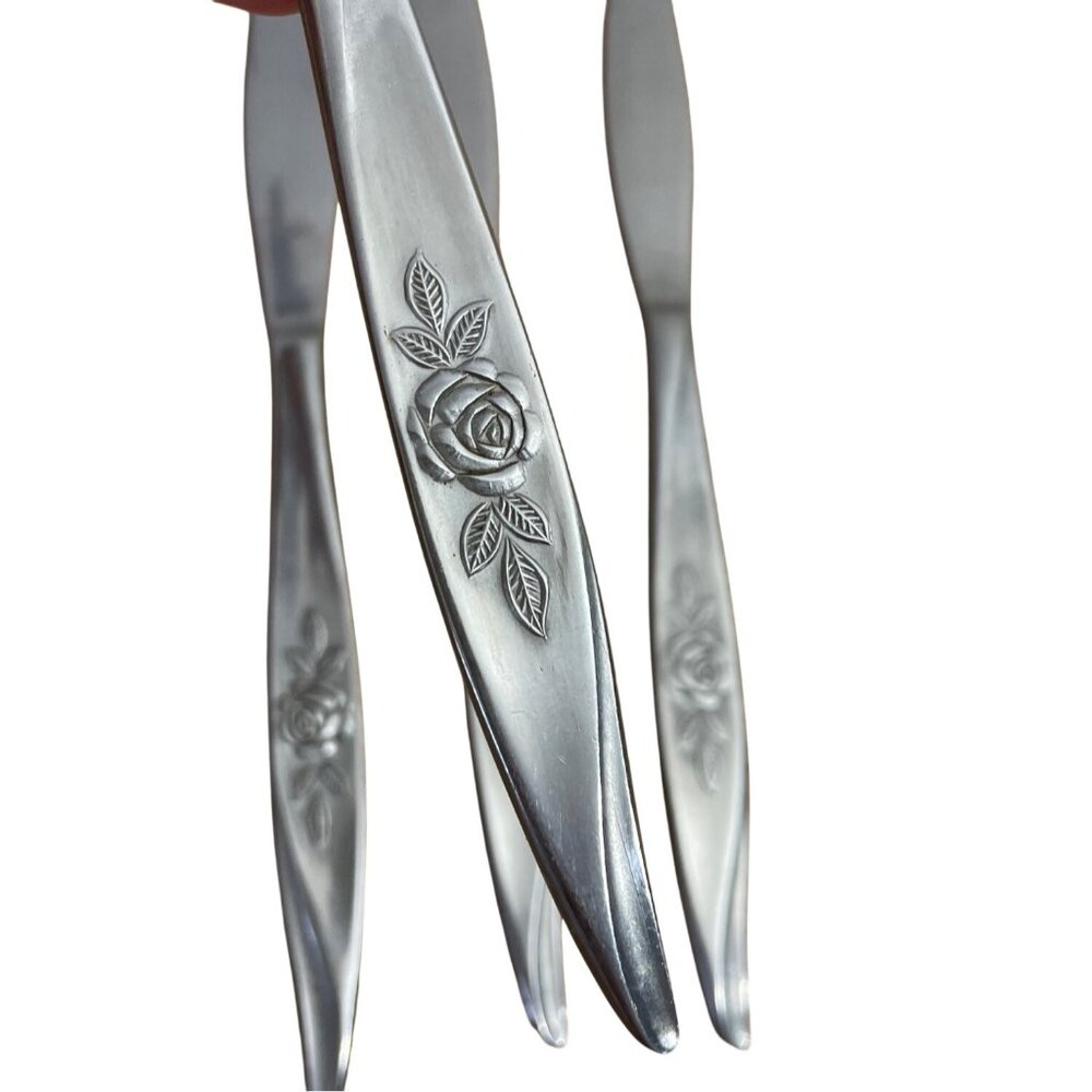Vtg Hanford Forge Avon Rose Pattern Dinner Butter Knives Set 4 Stainless Korea